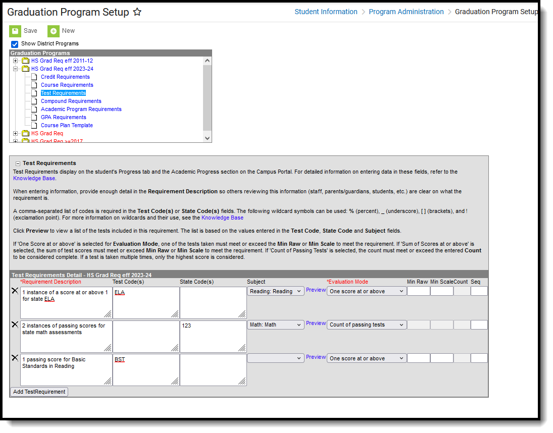 Screenshot of the Test Requirements editor for Graduation Programs, located at Student Information, Program Administration