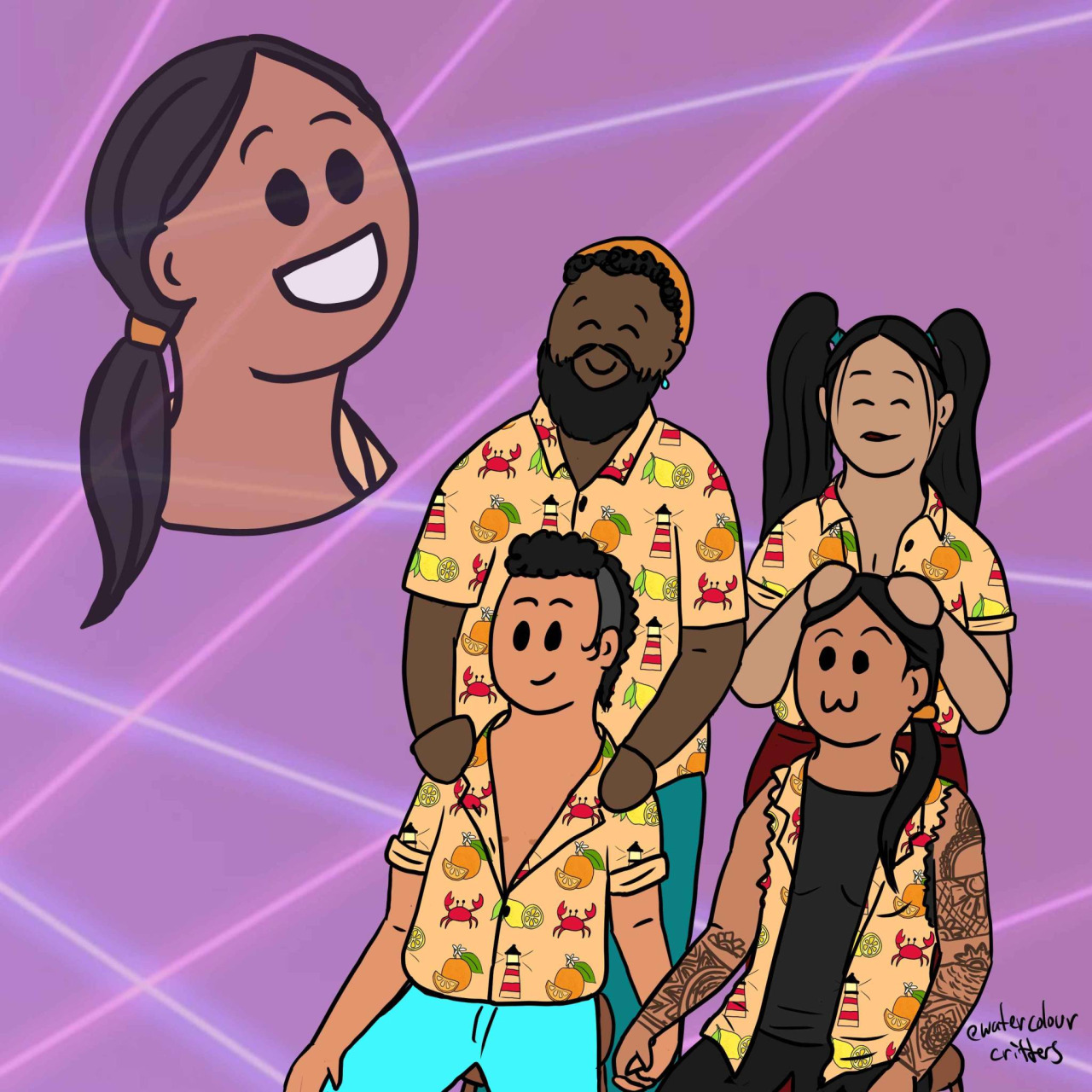 Digital art of Oluwande, Zheng, Jim, and Archie from OFMD drawn in a cartoon style. It is a family portrait, like taken in a cheap photo studio. All four of them wear the same button down shirt that is orange and patterned with crabs, lighthouses, oranges, and lemons - notably, Archie's has the sleeves ripped off, and Jim's is unbuttoned to show top surgery scars. Jim and Archie sit on stools in the front row, and hold each other's hands. Oluwande stands behind Jim, with his hands on their shoulders. Zheng stands behind Archie, with her hands on Archie's head. Floating in the top left corner of the art is a giant, partially see through image of Archie's head, grinning widely. The background is purple and shot through with pink and blue lasers.
