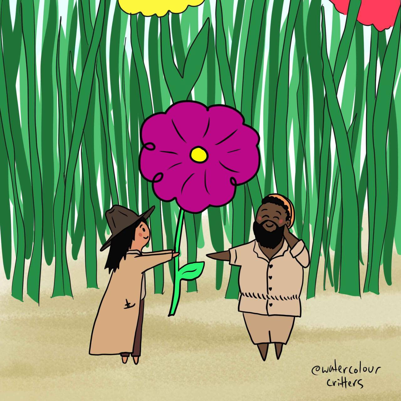 A digital drawing of Jim and Oluwande done in a cartoon style. They both wear their season 1 outfits. Jim holds out a massive purple flower that is almost bigger than they are to Oluwande, who holds out a hand to take it and blushes. Jim and Oluwande stand on sandy ground, with grass and flowers that are 3 times taller than they are in the background. The artist's signature reads @ watercolour critters