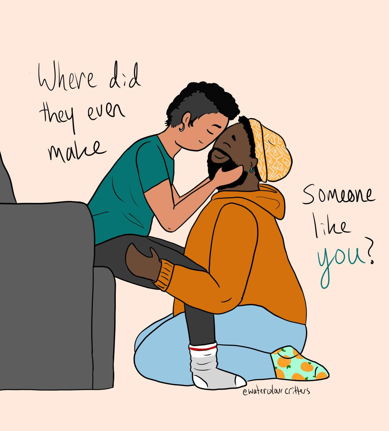 Digital art in a cartoon style of Jim and Oluwande from OFMD. Jim sits on a sofa and leans forward to press their forehead against Oluwande's and cup his face with their hands, while Oluwande kneels between their legs with both hands on their thighs. They are both smiling and look peaceful. Text reads 