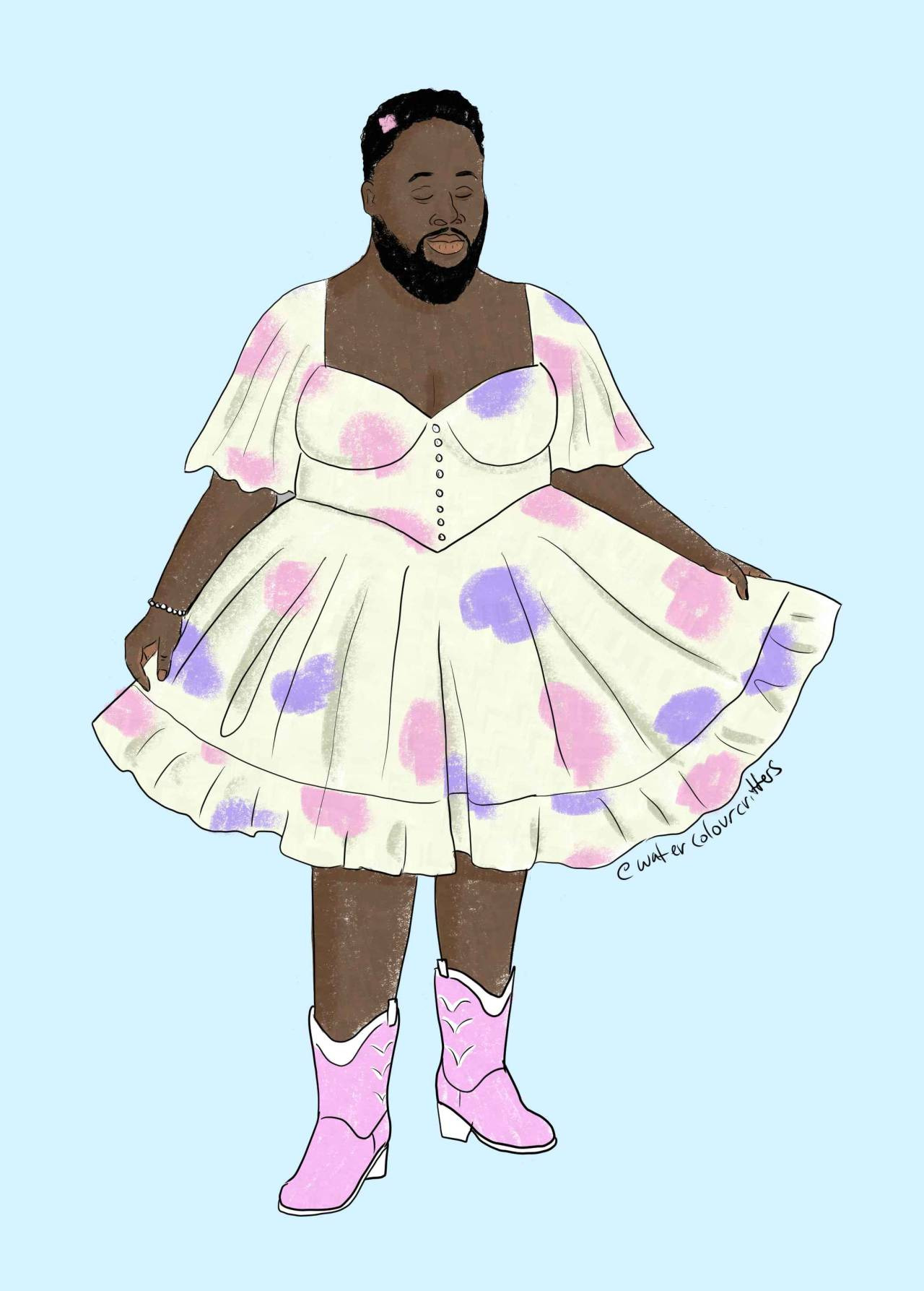 A digital painting of Oluwande from OFMD, drawn wearing a dress. The dress is knee length with a fitted bodice, wide frilly skirt, and draped sleeves. It is a very pale yellow or cream, with large pink and purple floral design. Oluwande stands posed holding the skirt out, and is smiling and looking content and peaceful. He also wears pink cowboy boots, and a pink flower in his hair. The background is a plain light blue, and the artist's signature reads @ watercolour critters.