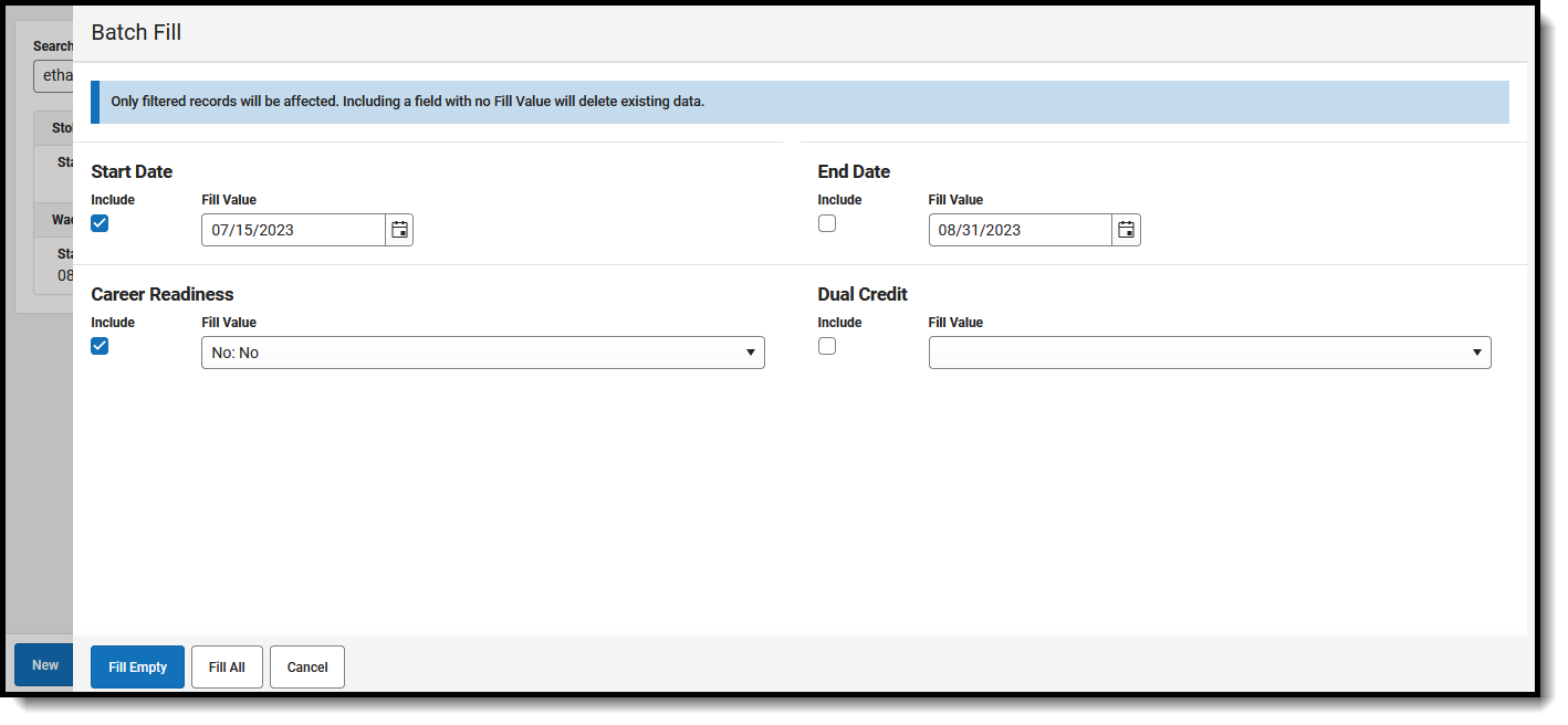 Screenshot of the Batch Fill option for Section Student Detail. 
