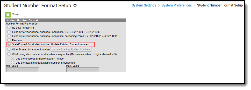 Screenshot of the Student Number Format settings, with the StateID used for student number option highlighted. 