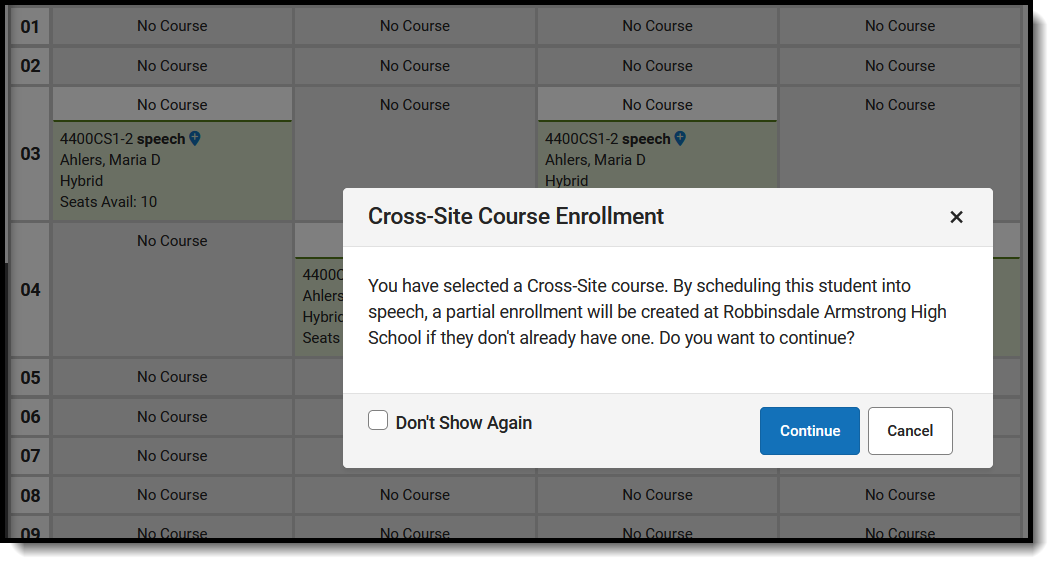 Screenshot of the confirmation text that displays when adding a Cross-Site Course. 