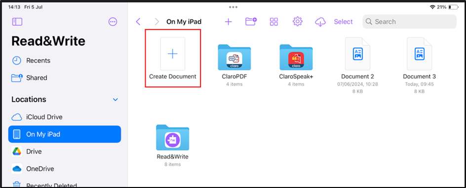 Read&Write iOS app showing the Create document icon highlighted