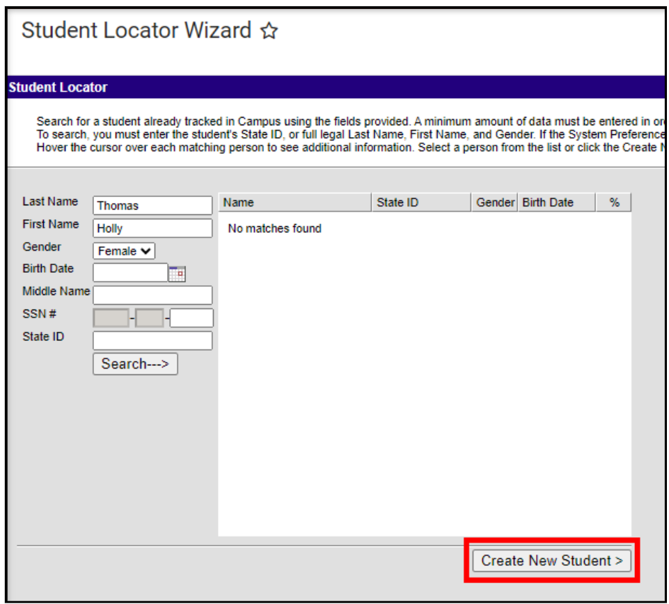 student locator wizard create new student