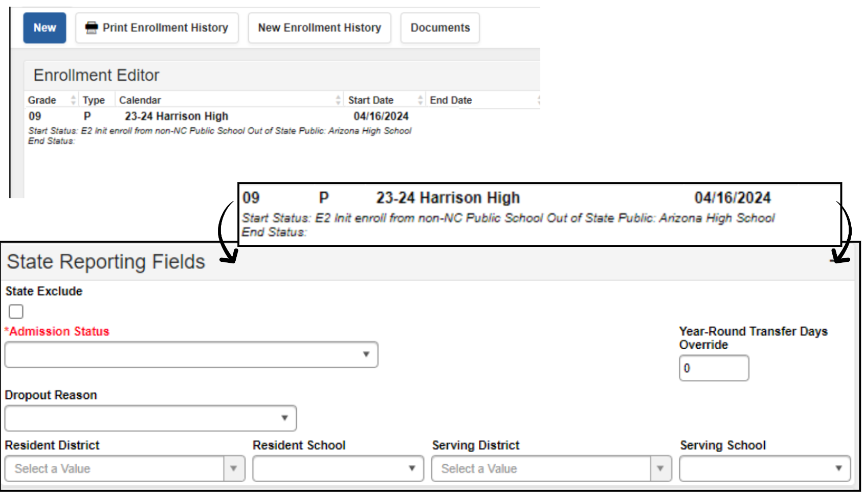 state reporting enrollment fields