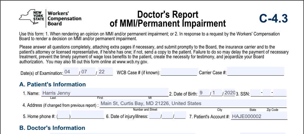 New York Form C4.3 - Doctor's Report of MMI/Permanent Impairment ...