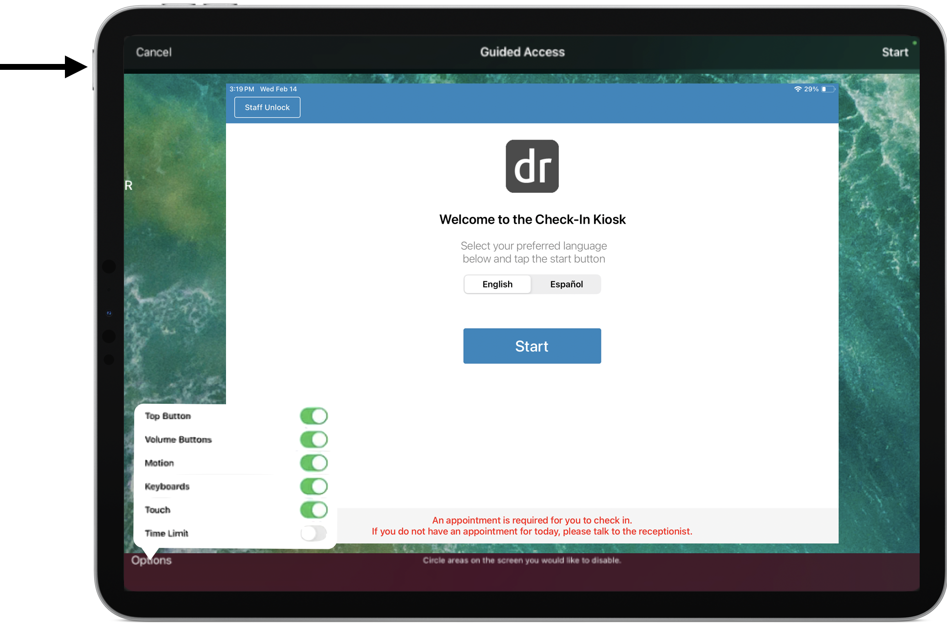 iPad Guided Access DRC Kiosk Mode Power Button.png