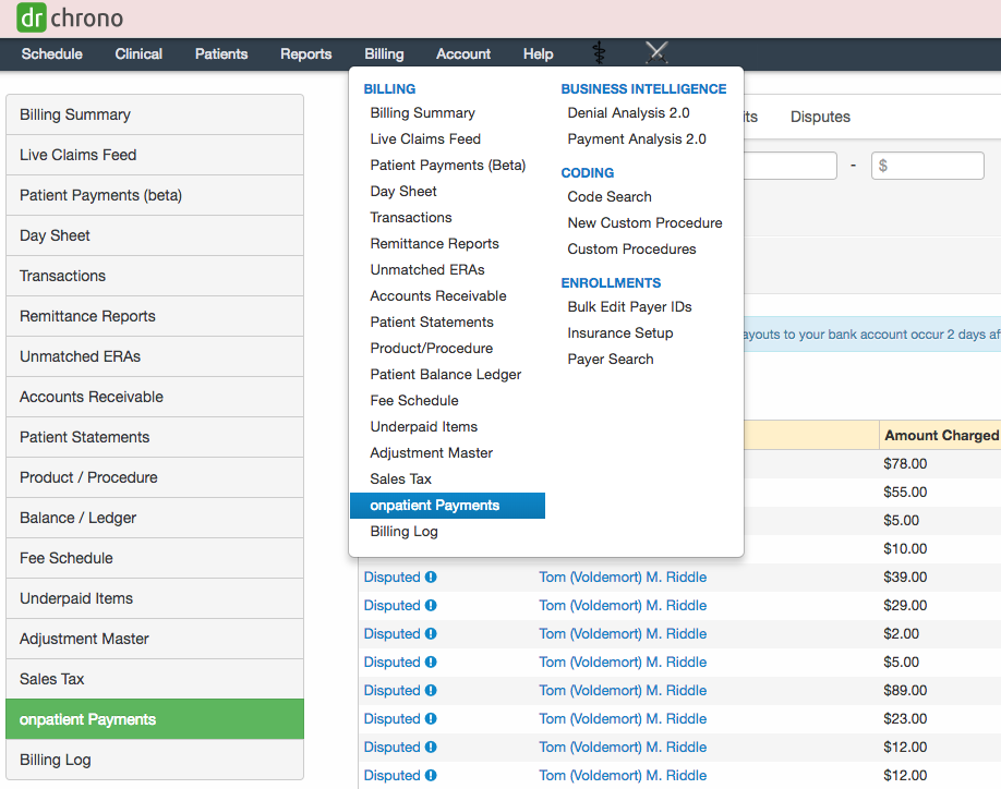 OnPatient payments menu view in DrChrono