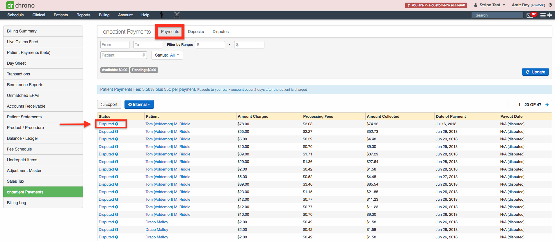 Payments view with disputes in OnPatient Payments