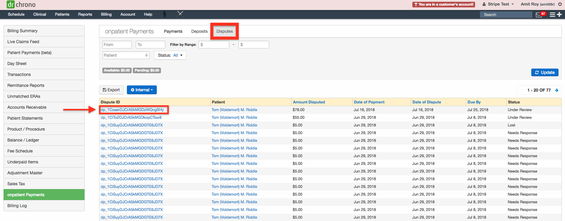 Dispute view showing the dispute ID in OnPatient payments