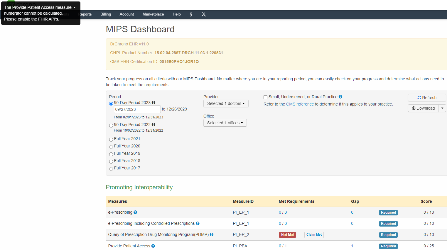 MIPS Dashboard FHIR Not Connected Error.png