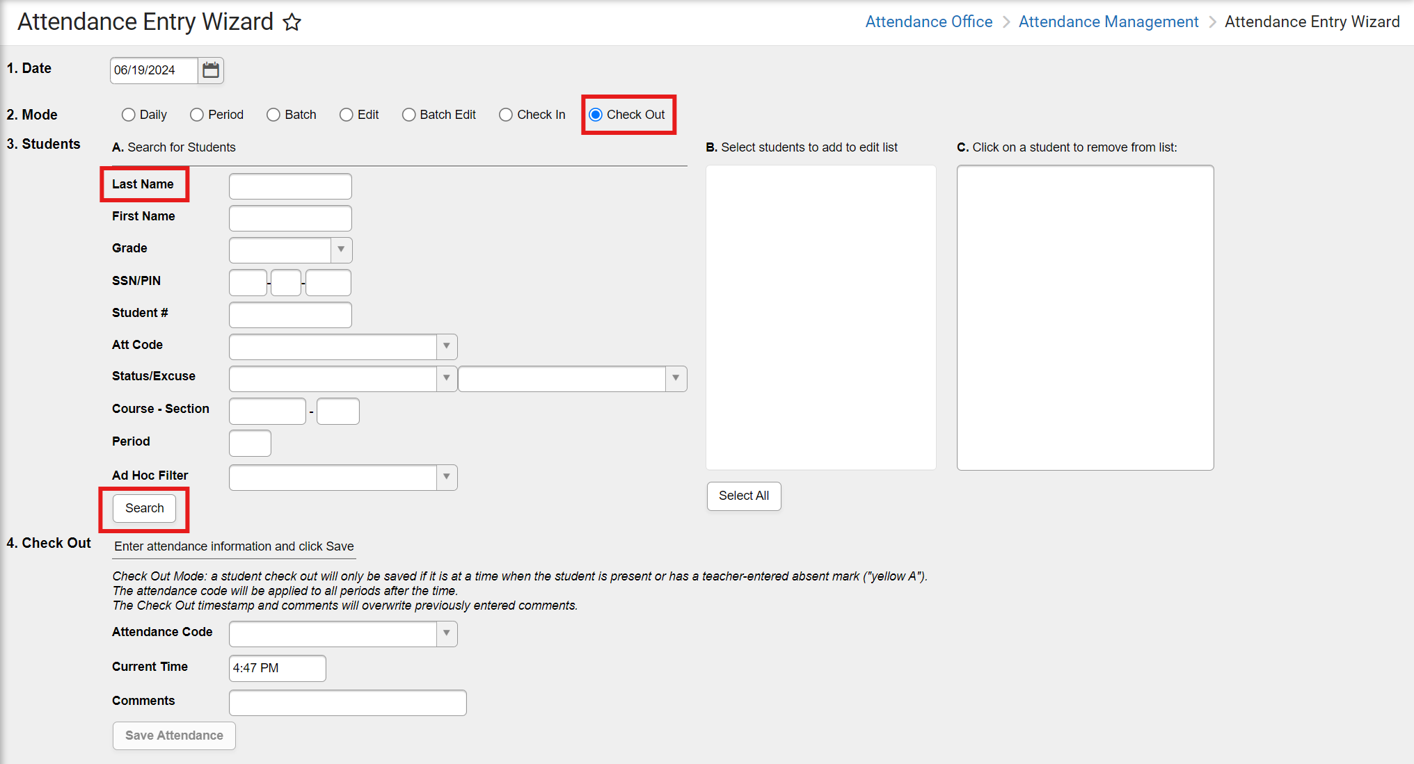 Attendance entry wizard checkout