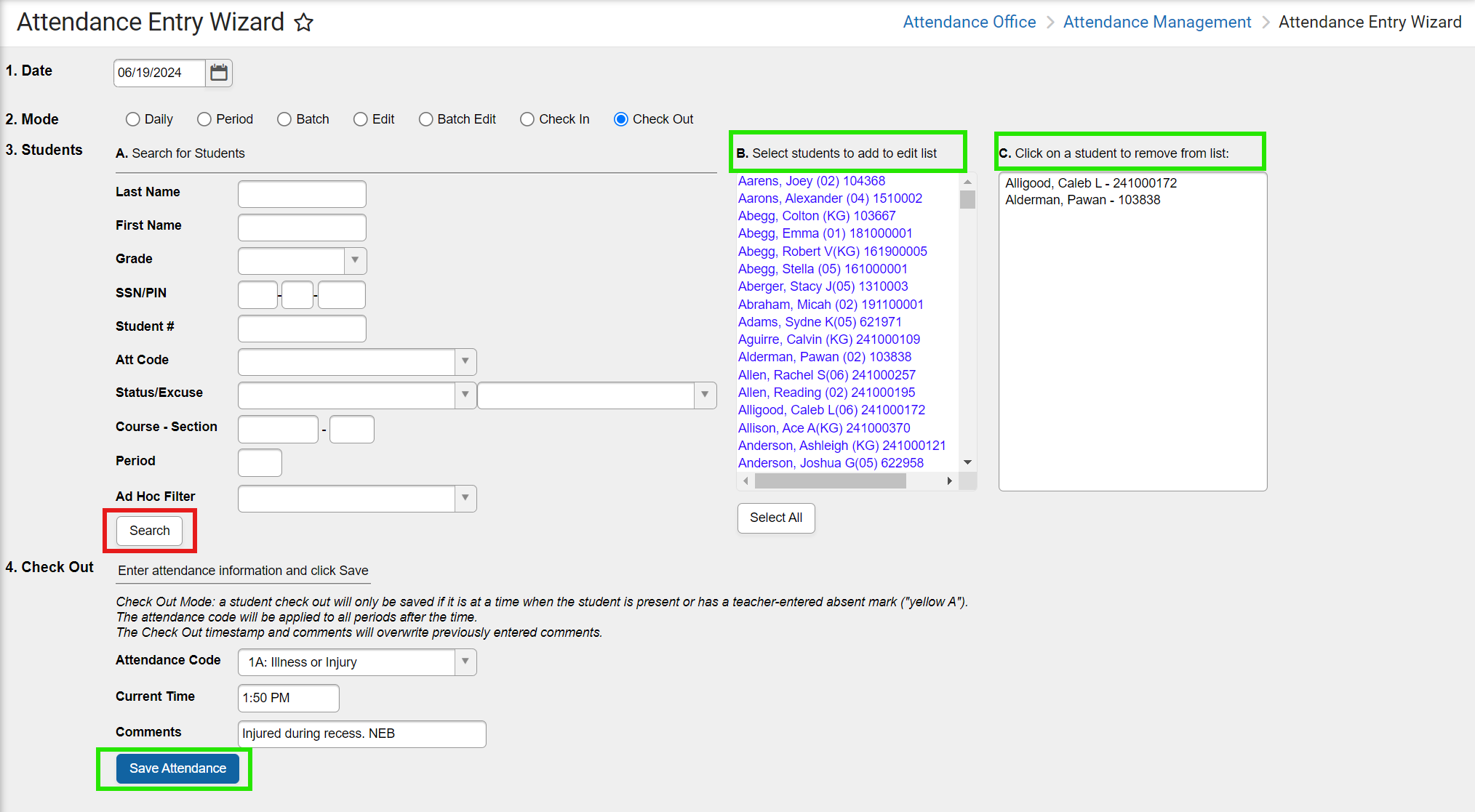 attendance entry wizard checkout save