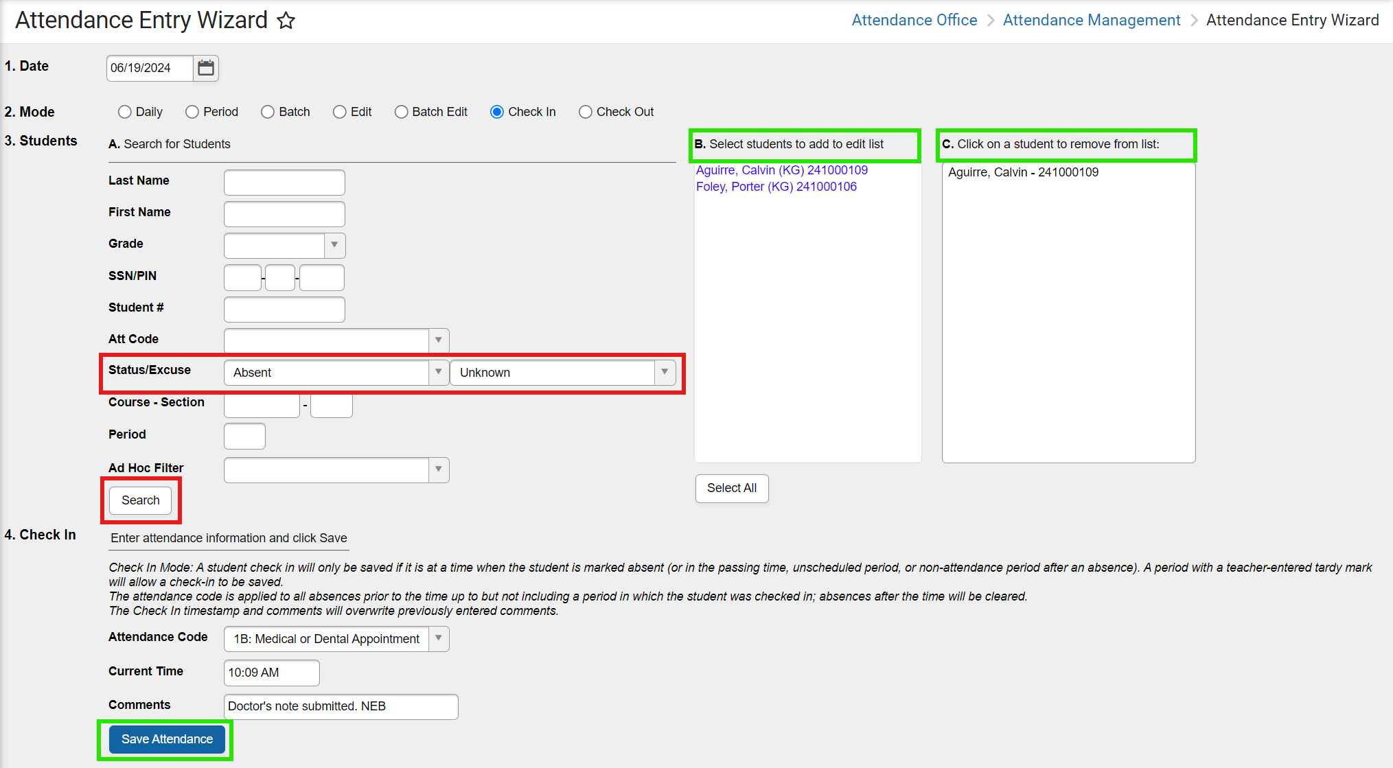 attendance entry wizard checkin save