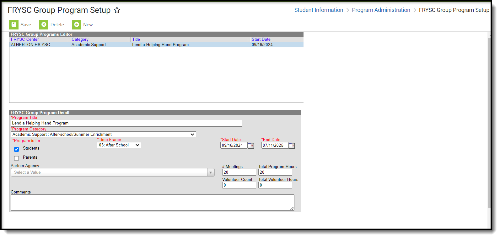 Screenshot of the FRYSC Group Program Setup Tool.