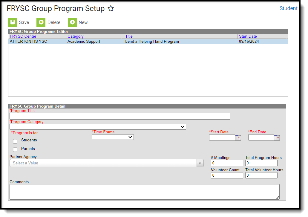 Screenshot of Creating a New FRYSC Group Program.