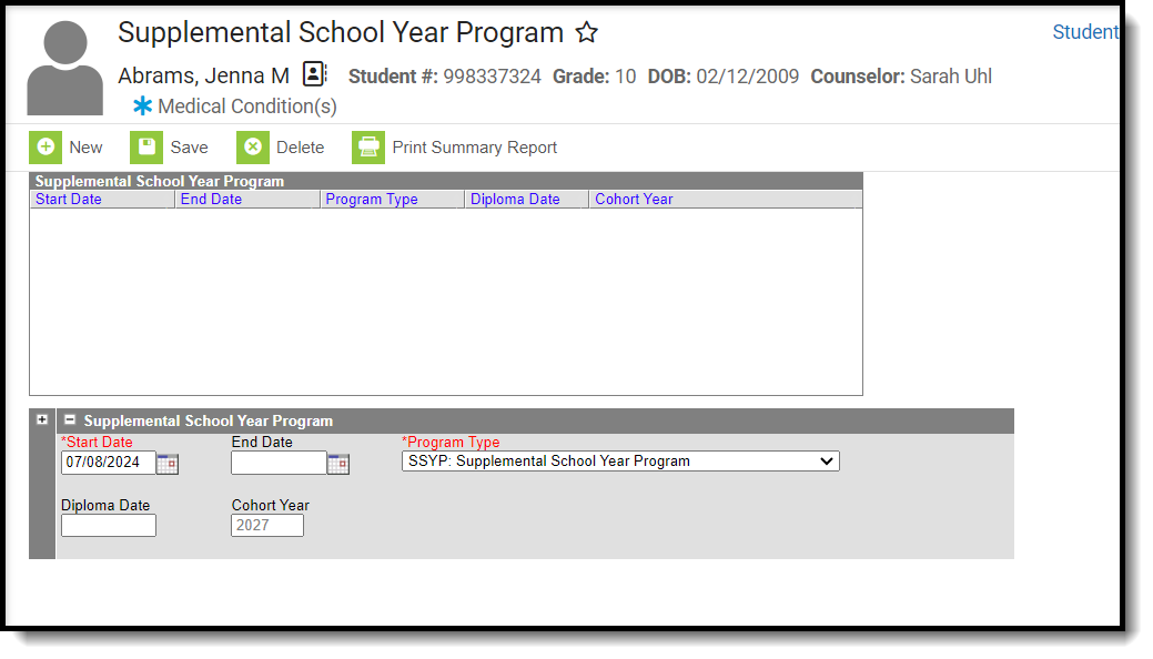Screenshot of Adding a new Supplemental School Year Program Record.