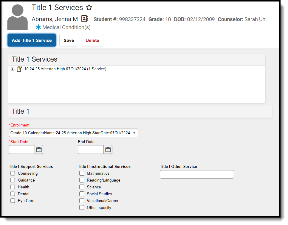 Screenshot of adding a new Title 1 Service.