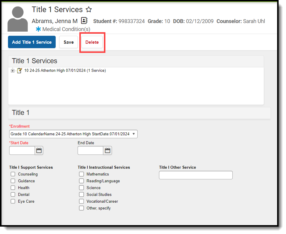 Screenshot of Deleting a Title 1 Service Record.