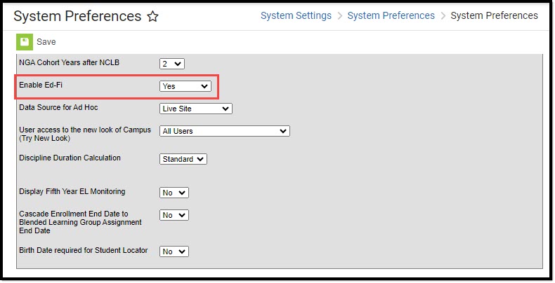 Screenshot of the System Preferences tool with the Enable Ed-Fi setting set to Yes.