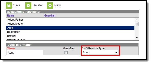 Screenshot of the ed-fi relation type field on the Relation Type Setup tool.