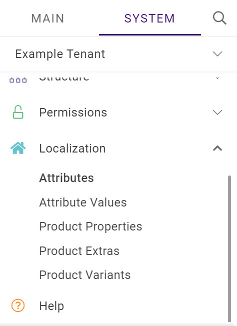 The Unified Commerce navigation menu with a Localization tab