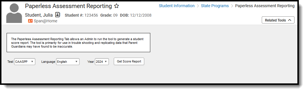 Screenshot of the Paperless Assessment Reporting tool, located at Student Information, State Programs. 