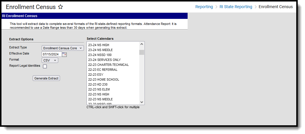 Screenshot of the Enrollment Census Core Report