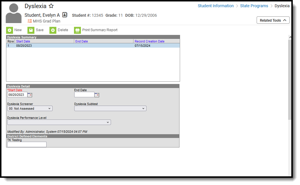 Screenshot of the Student Dyslexia record, located at Student Information, State Programs