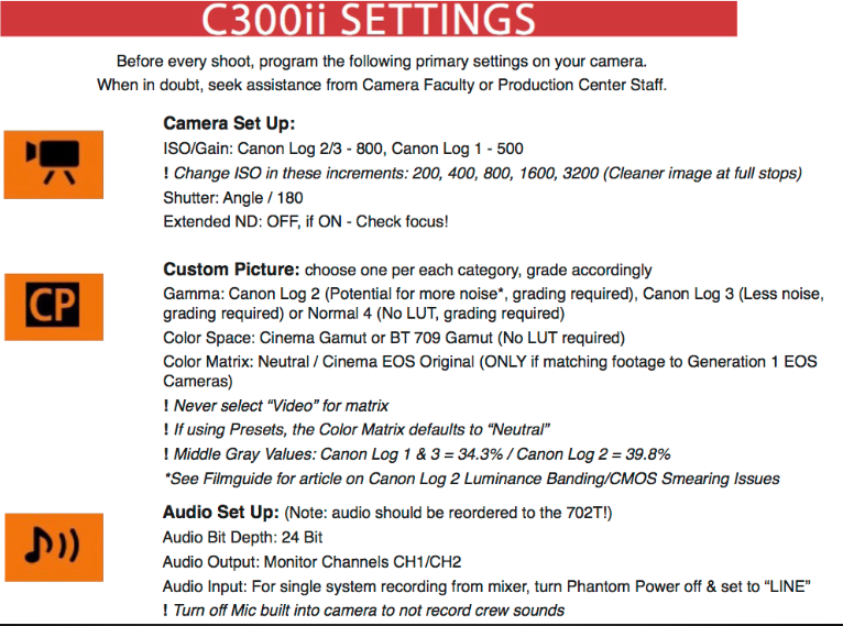 Page one of the C300 MK II Settings Card.