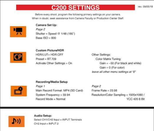 Canon C200 MK I Settings Card