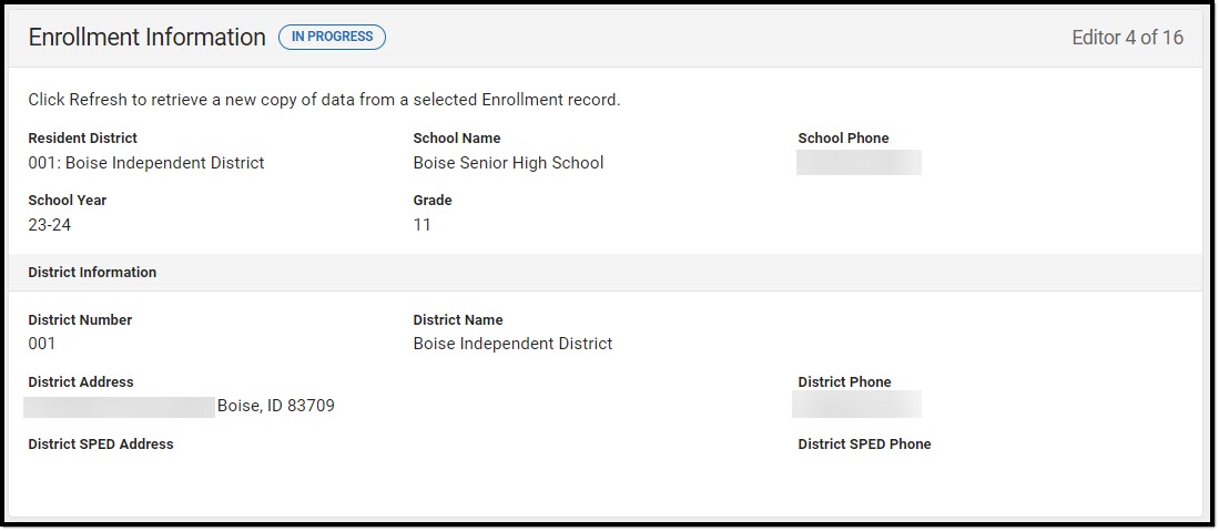 Screenshot of the Enrollment Information Editor.