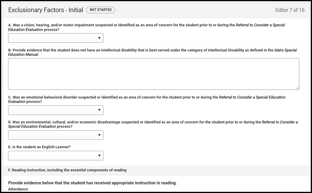 Screenshot of the Exclusionary Factors - Initial Editor.