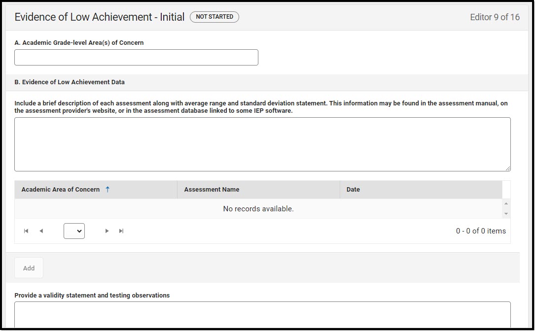 Screenshot of the Evidence of Low Achievement - Initial Editor.