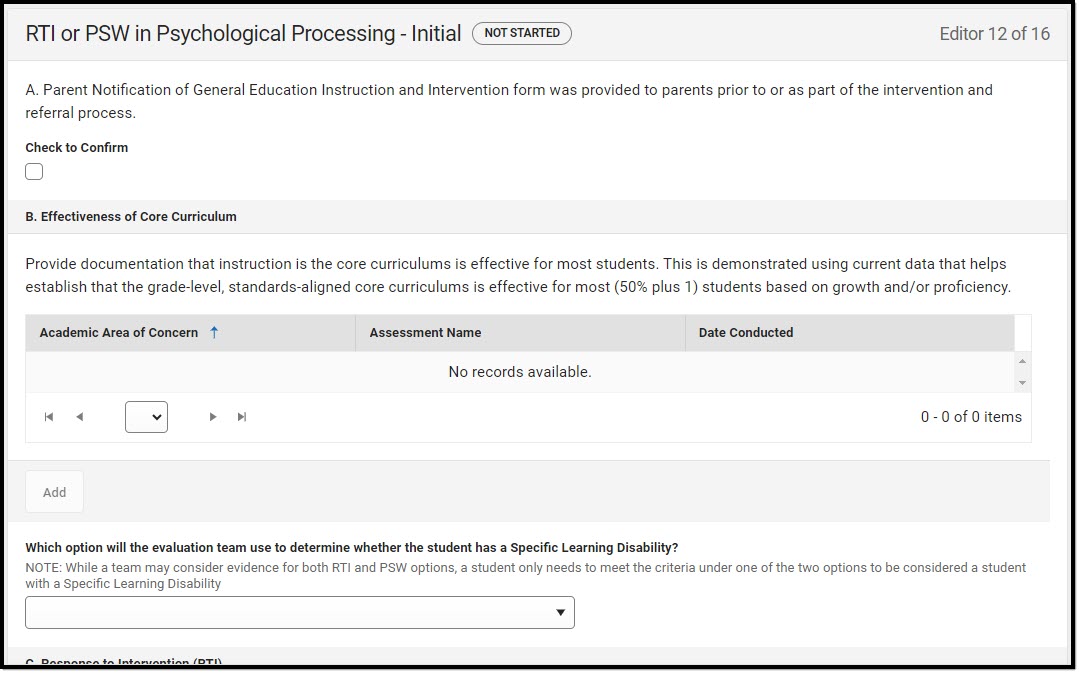 Screenshot of the RTI or PSW in Psychological Processing - Initial Editor.