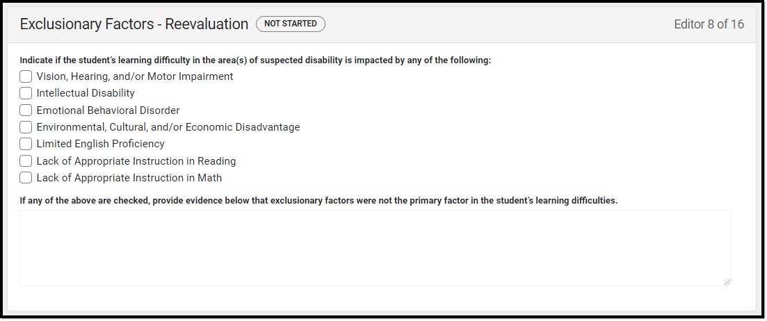 Screenshot of the Exclusionary Factors - Reevaluation Editor.