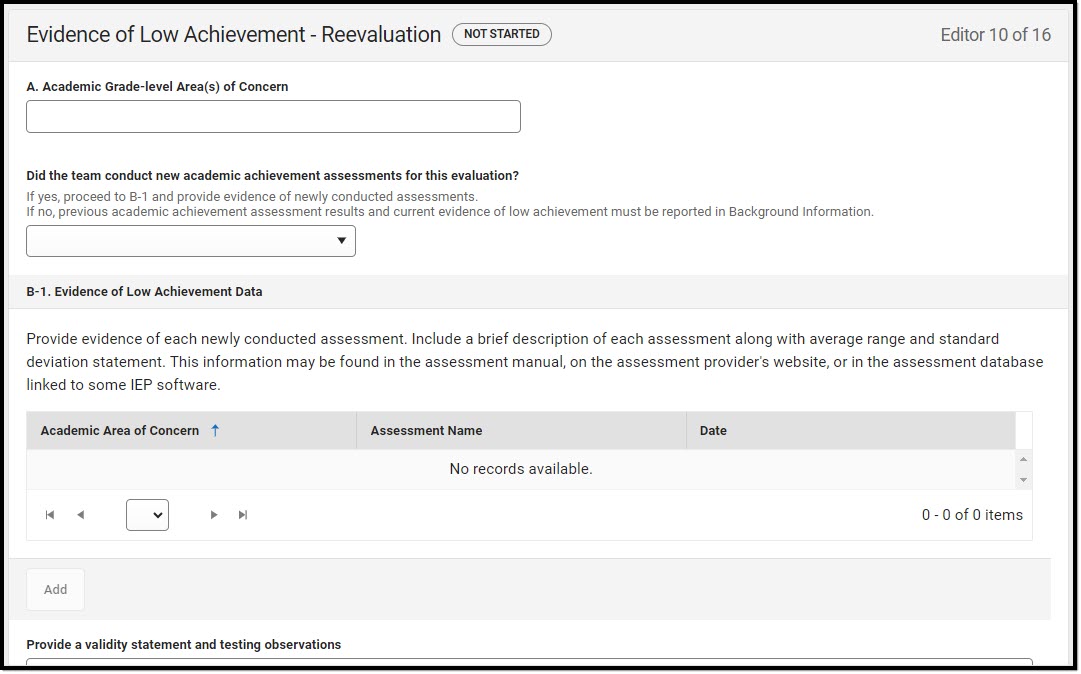 Screenshot of the Evidence of Low Achievement - Reevaluation Editor.