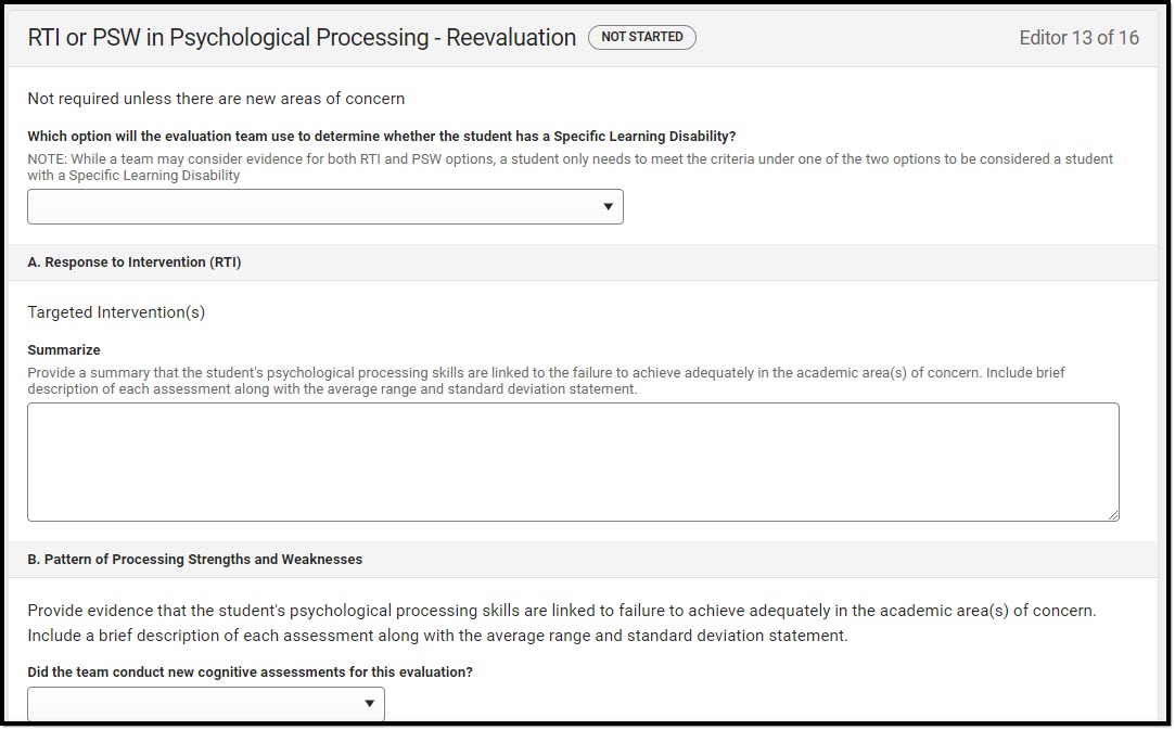 Screenshot of the RTI or PSW in Psychological Processing - Reevaluation Editor.