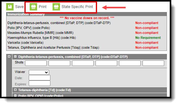 Screenshot of the Print and State Specific Print buttons.