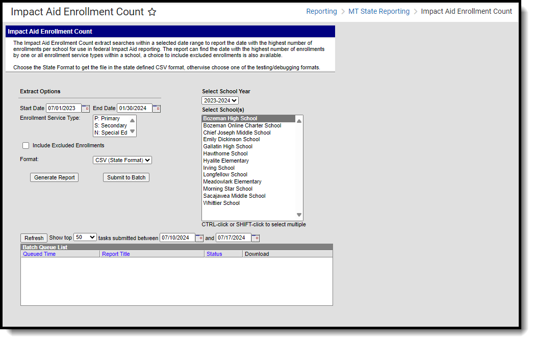 Screenshot of the Impact Aid Enrollment Count Extract Editor.