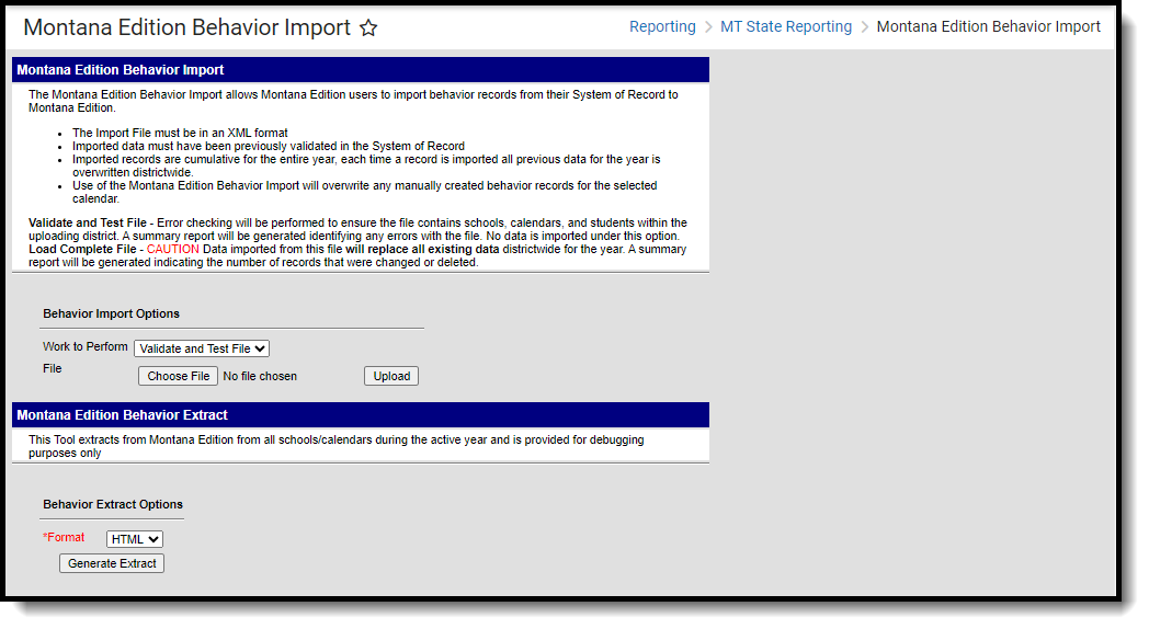 Screenshot of the Montana Edition Behavior Import Tool.