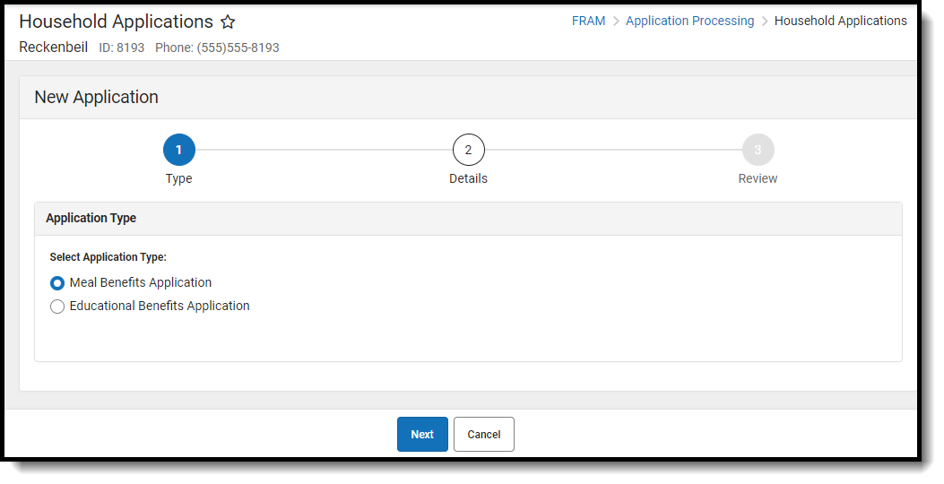 Screenshot of the Application Type Selection options, including meal or educational benefits.