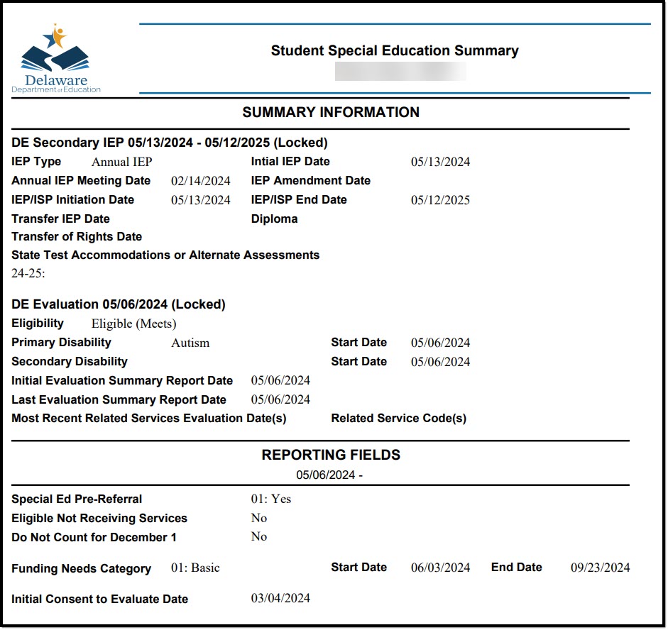 Screenshot of a PDF Example of the special education summary screen.