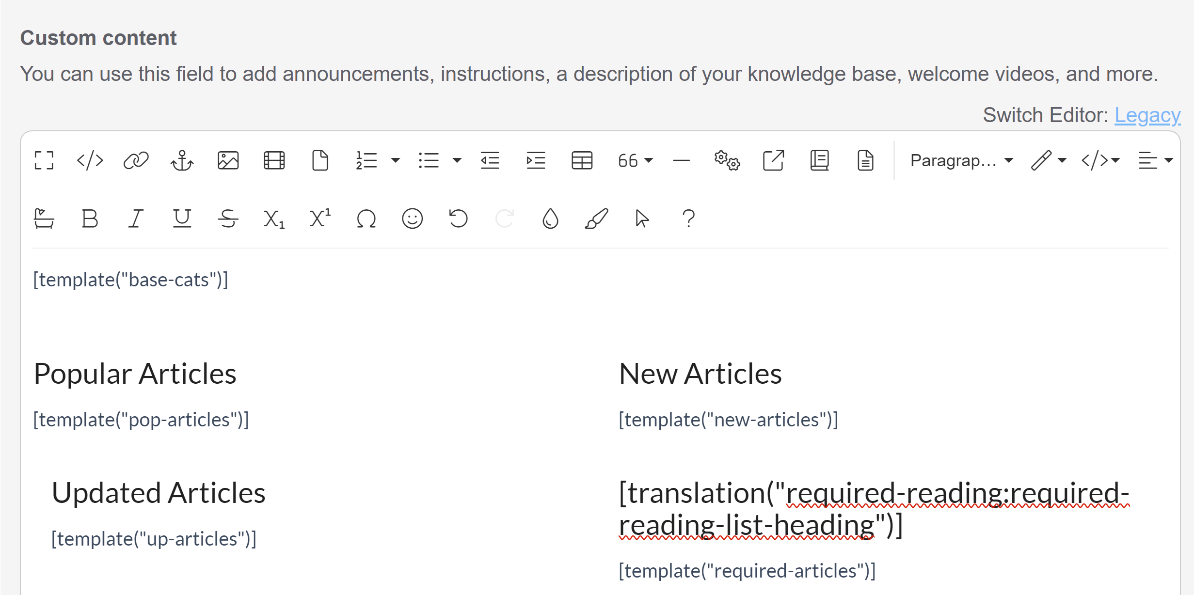 The Homepage custom content editor. It displays the base-cats template followed by four sections: Popular Articles, New Articles, Updated Articles, and a section with the translation merge code title referenced above and the required articles template below it.
