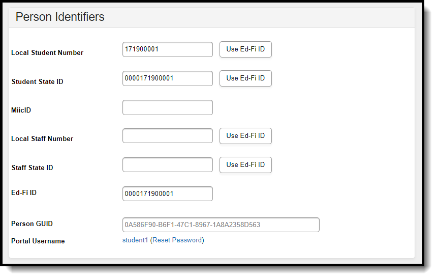 Screenshot of the Person Identifiers section of the Demographics tool.