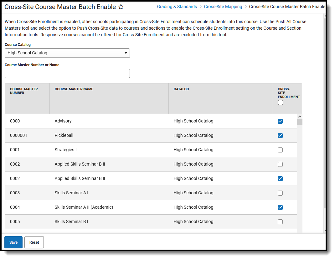 Screenshot of the Cross-Site Course Master Batch Enable tool, located at Grading & Standards, Cross-Site Mapping. 
