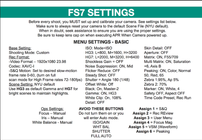 Sony FS7 MK II Settings Card