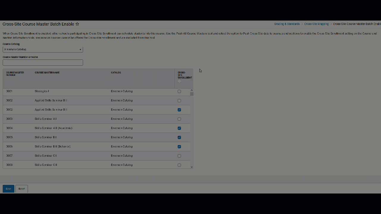 GIF of enabling the Cross-Site Enrollment checkbox on all course masters. 